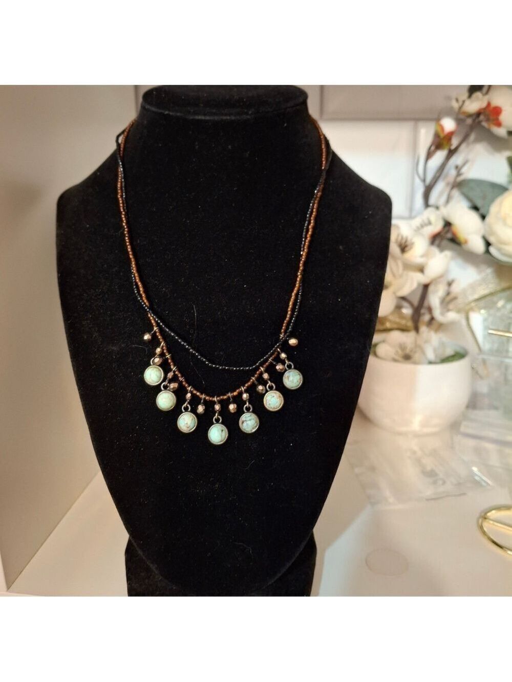 David Aubrey Larimar Cabachon Necklace with Gold Accents 16"